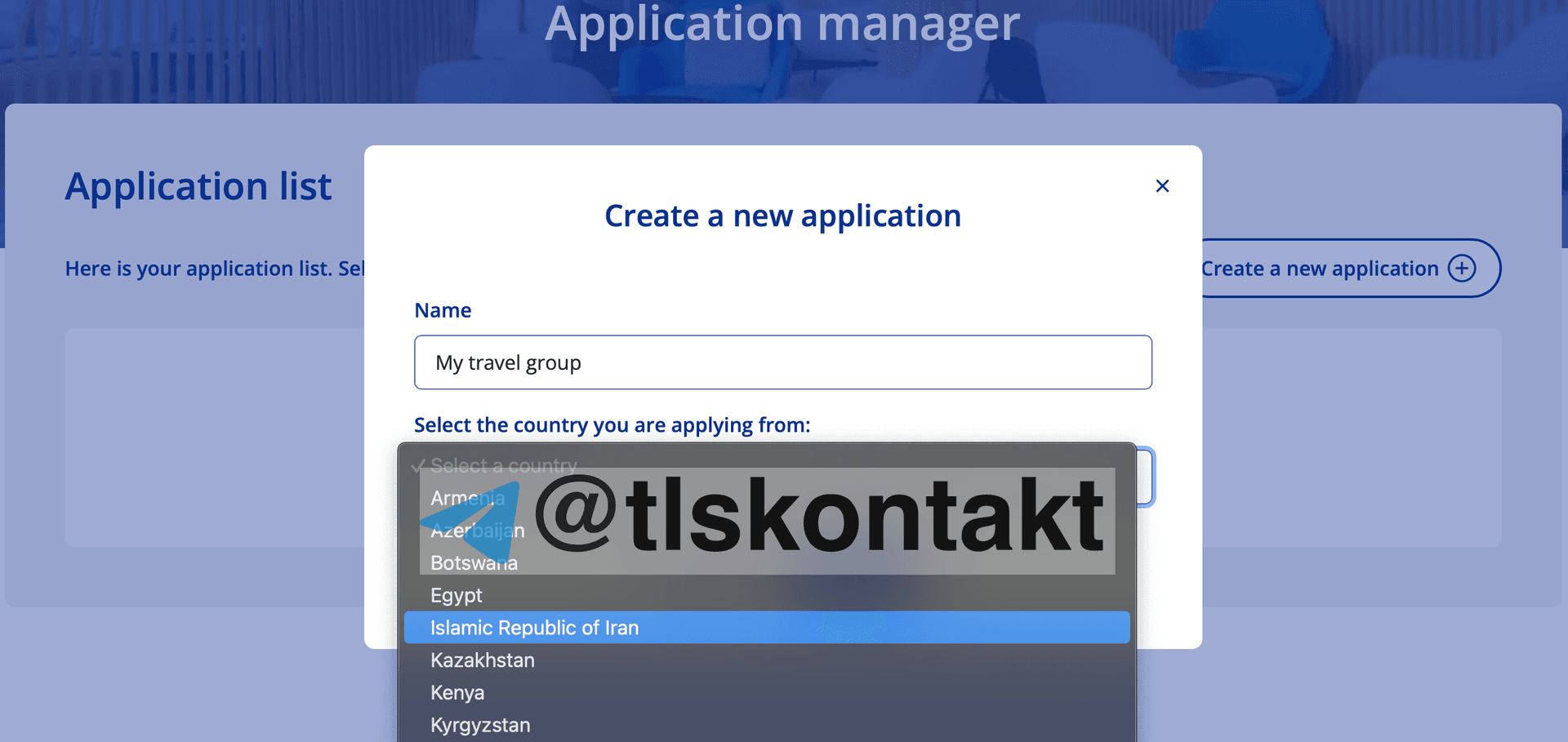 انتخاب کشور در ساخت گروه TLS Contact